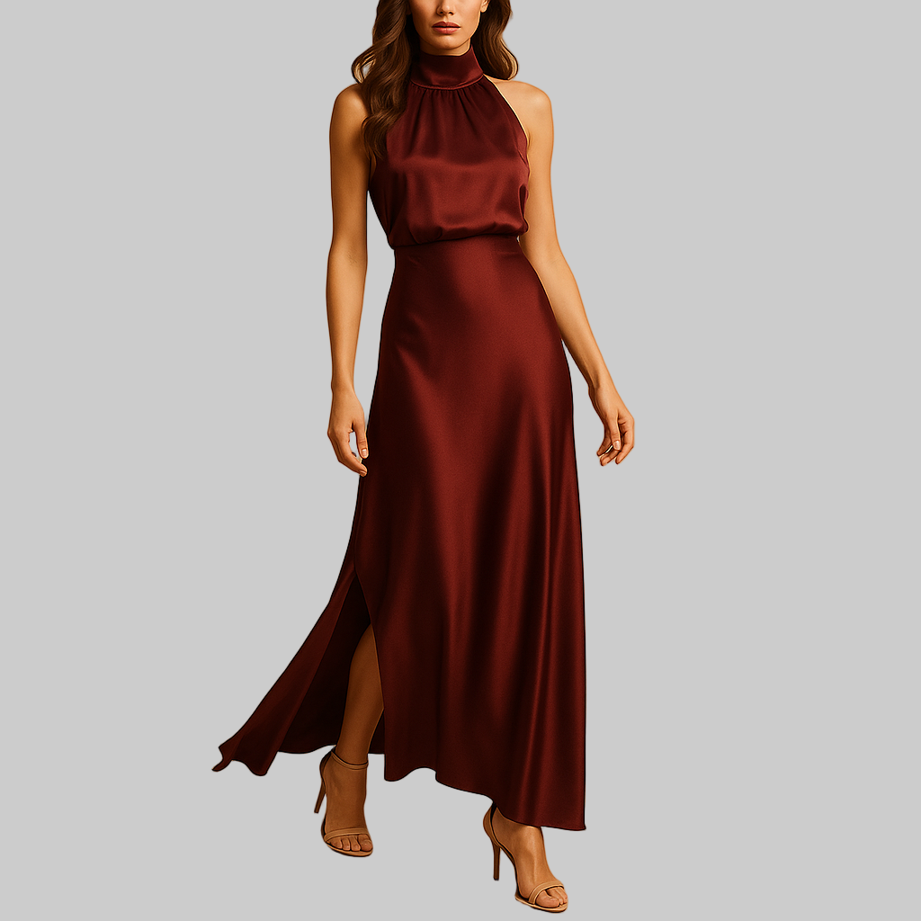 Elegancka długa sukienka wieczorowa z golfem i rozcięciem