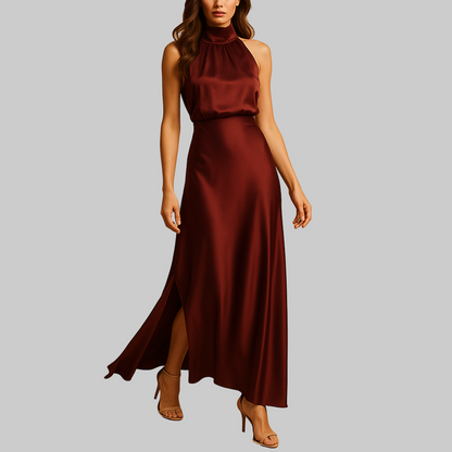 Elegancka długa sukienka wieczorowa z golfem i rozcięciem