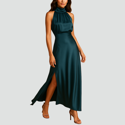 Elegancka długa sukienka wieczorowa z golfem i rozcięciem