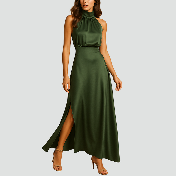 Elegancka długa sukienka wieczorowa z golfem i rozcięciem