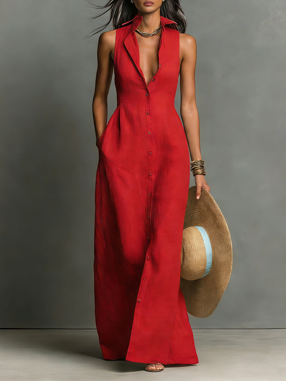 Dames Maxi Jurk Mouwloos met Hemdkraag en Knoopsluiting Rood