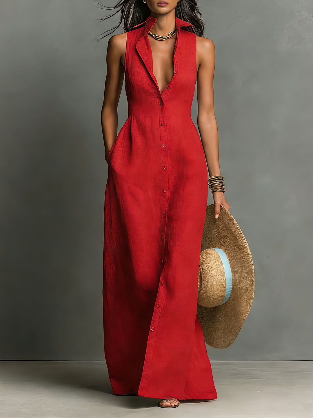 Dames Maxi Jurk Mouwloos met Hemdkraag en Knoopsluiting Rood