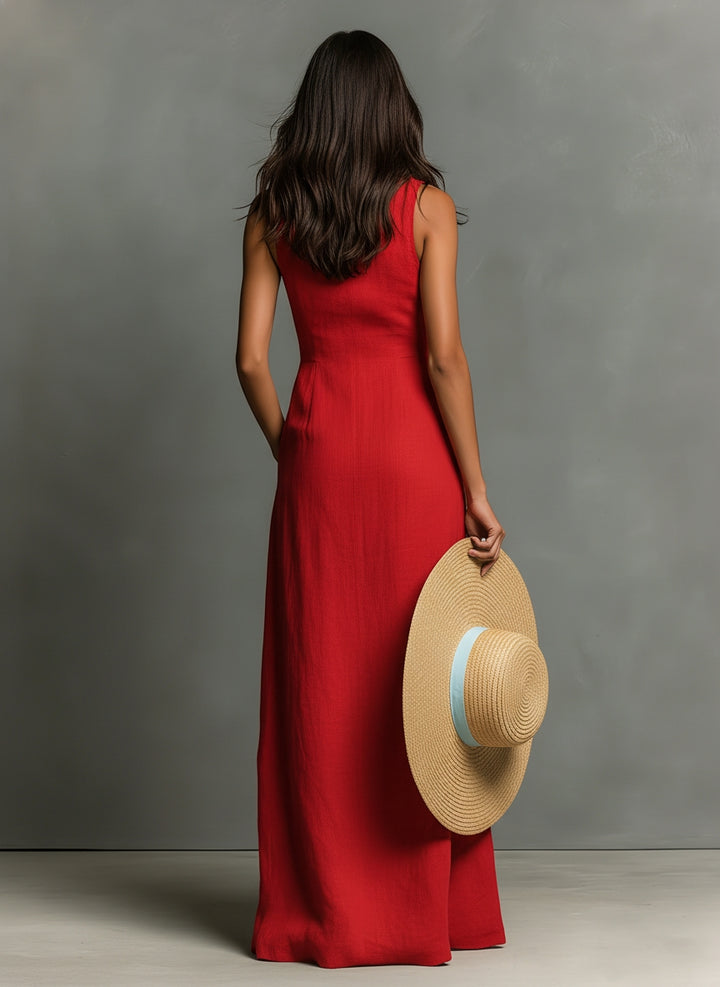 Dames Maxi Jurk Mouwloos met Hemdkraag en Knoopsluiting