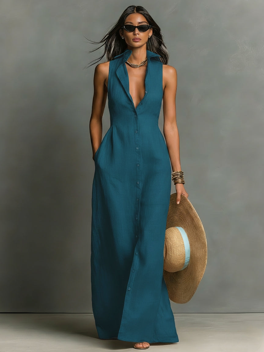 Dames Maxi Jurk Mouwloos met Hemdkraag en Knoopsluiting Blauw Groen