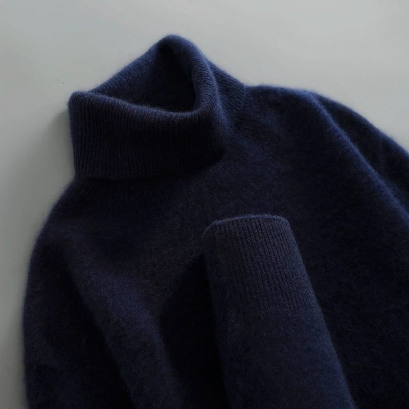 Merino Wool Ribbed Knit Turtleneck Sweater for Women - Navy Blue