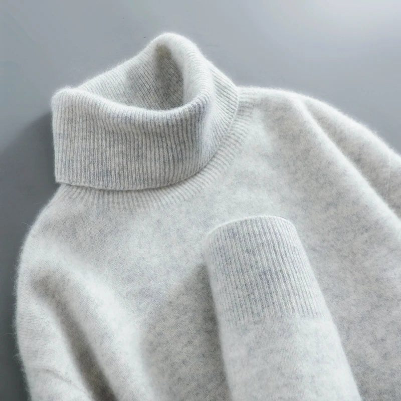 Merino Wool Ribbed Knit Turtleneck Sweater for Women - Grey