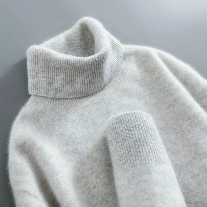 Merino Wool Ribbed Knit Turtleneck Sweater for Women - Grey