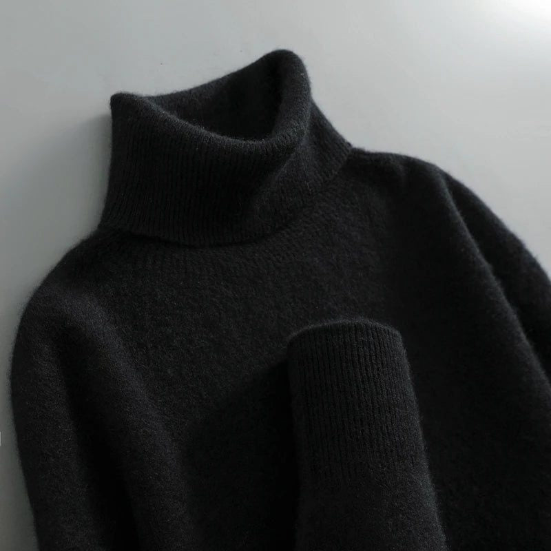 Merino Wool Ribbed Knit Turtleneck Sweater for Women - Black