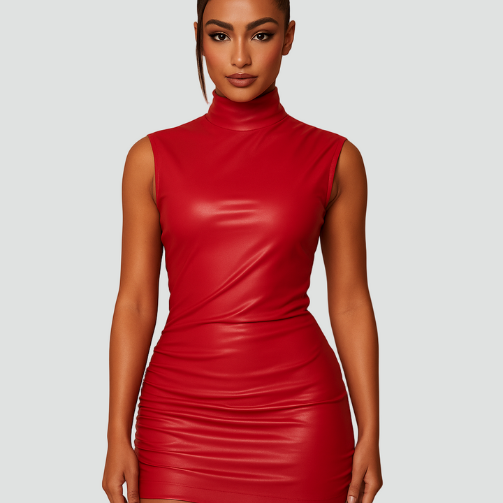 Skórzana sukienka mini bez rękawów z golfem dla kobiet