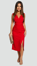 Elegant fitted midi dress with pleated top and slit