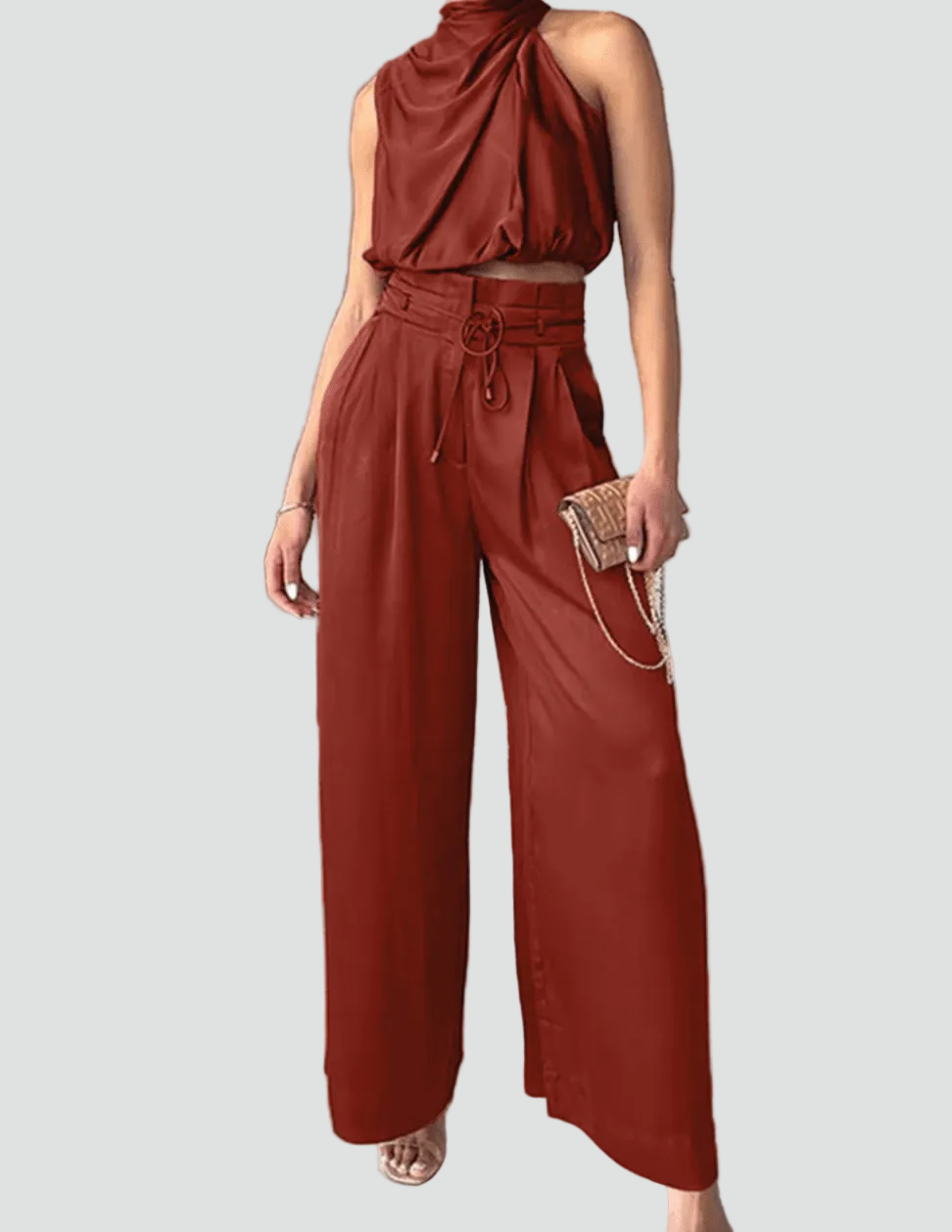 Elegant women's set with sleeveless crop top and wide-leg pants