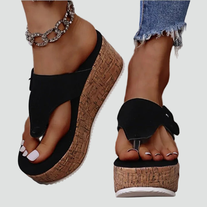 Wedge sandals with cork sole and decorative buckle