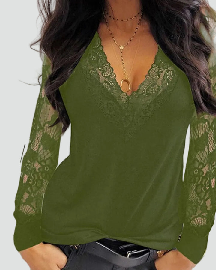 Blouse élégante en dentelle pour femme avec col en V et manches longues