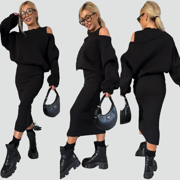 Dzianinowy komplet damski co ord set sukienka midi z bluzą