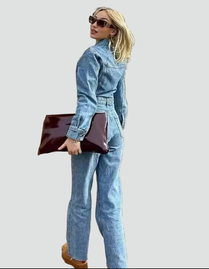 Combinaison féminine en jean ajustée en denim à manches longues décontractée