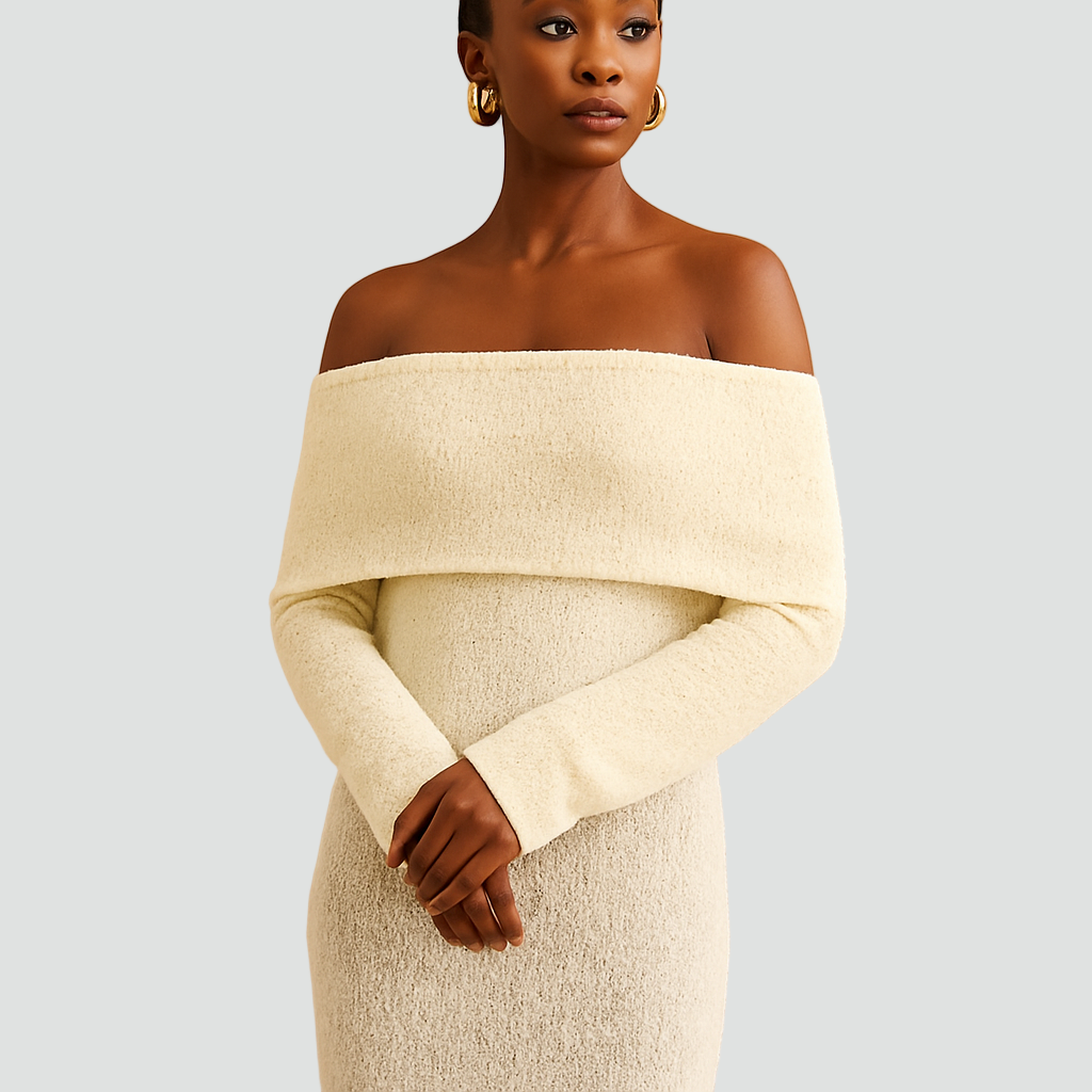 Długa dzianinowa sukienka z odkrytymi ramionami i długim rękawem