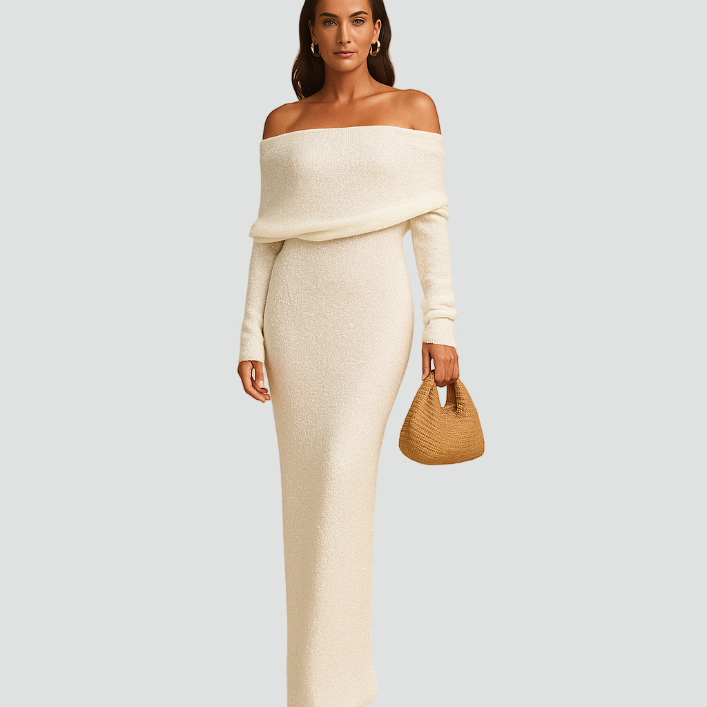 Długa dzianinowa sukienka z odkrytymi ramionami i długim rękawem