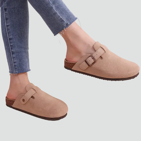 Women's suede slides with adjustable buckle