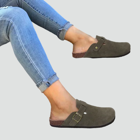 Women's suede slides with adjustable buckle