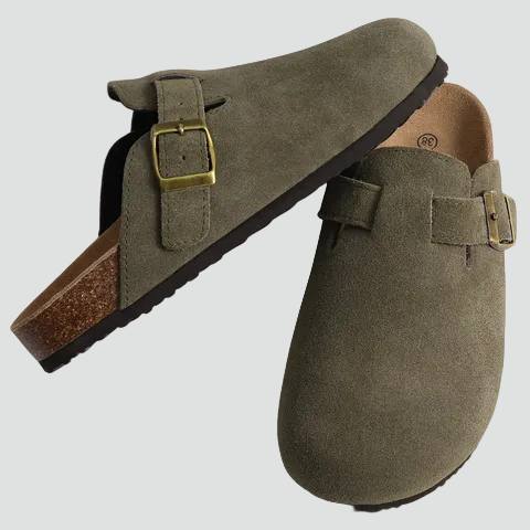 Women's suede slides with adjustable buckle