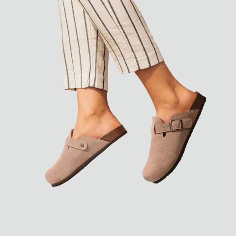Women's suede slides with adjustable buckle