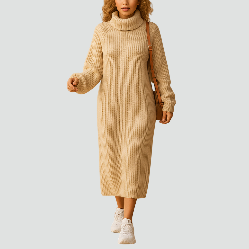 Dzianinowa sukienka swetrowa midi z golfem dla kobiet