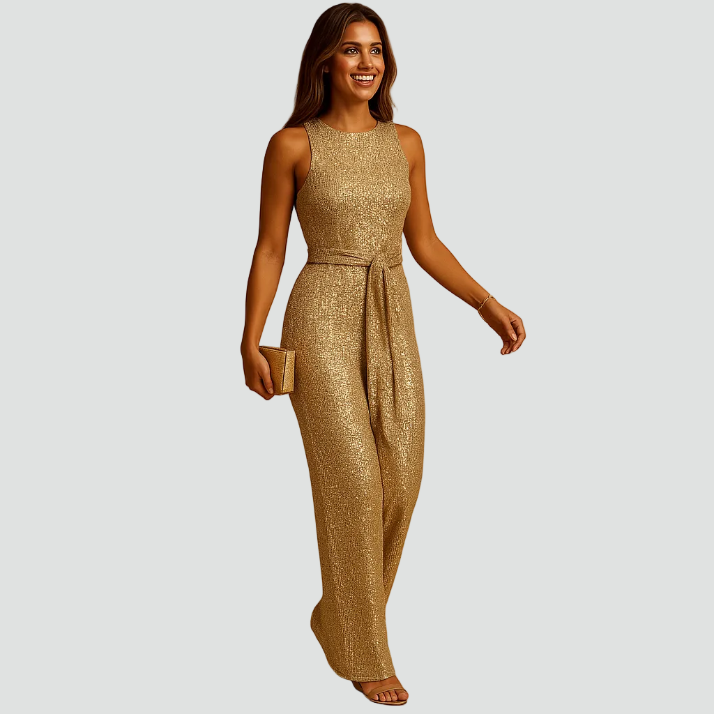 Elegancki kombinezon damski bez rękawów z cekinowym wykończeniem