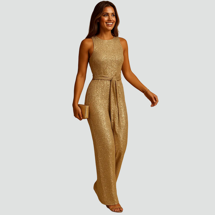 Elegancki kombinezon damski bez rękawów z cekinowym wykończeniem