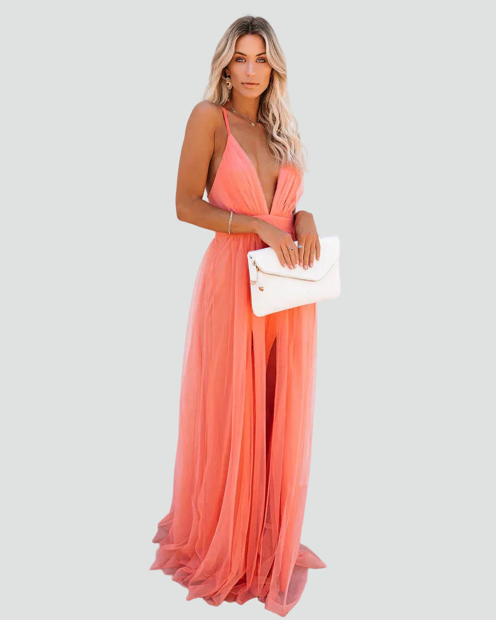 Koralowa sukienka maxi na ramiączkach z odkrytymi plecami