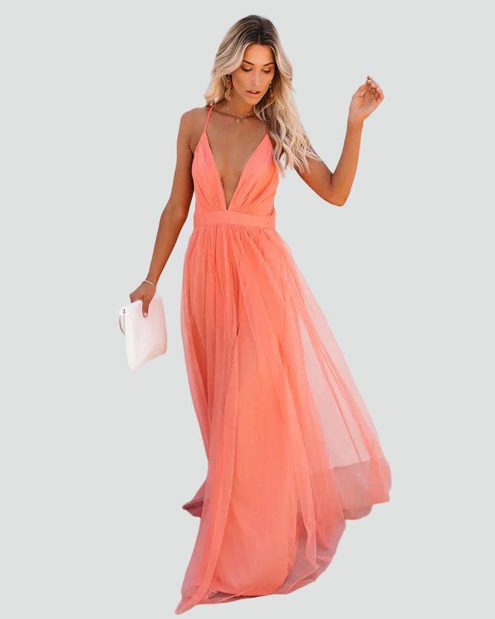 Koralowa sukienka maxi na ramiączkach z odkrytymi plecami