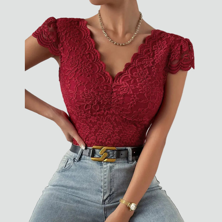 Lace bodysuit for women with V-neck and short sleeves