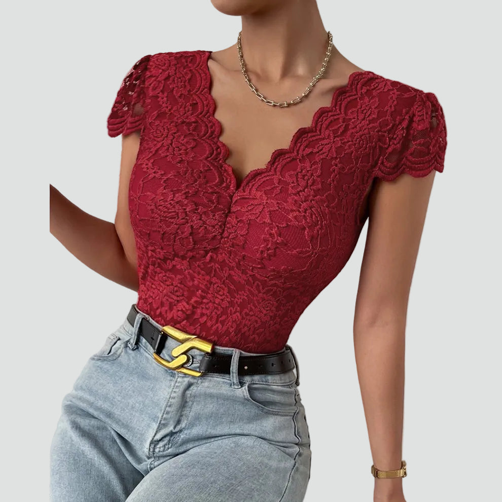 Lace bodysuit for women with V-neck and short sleeves