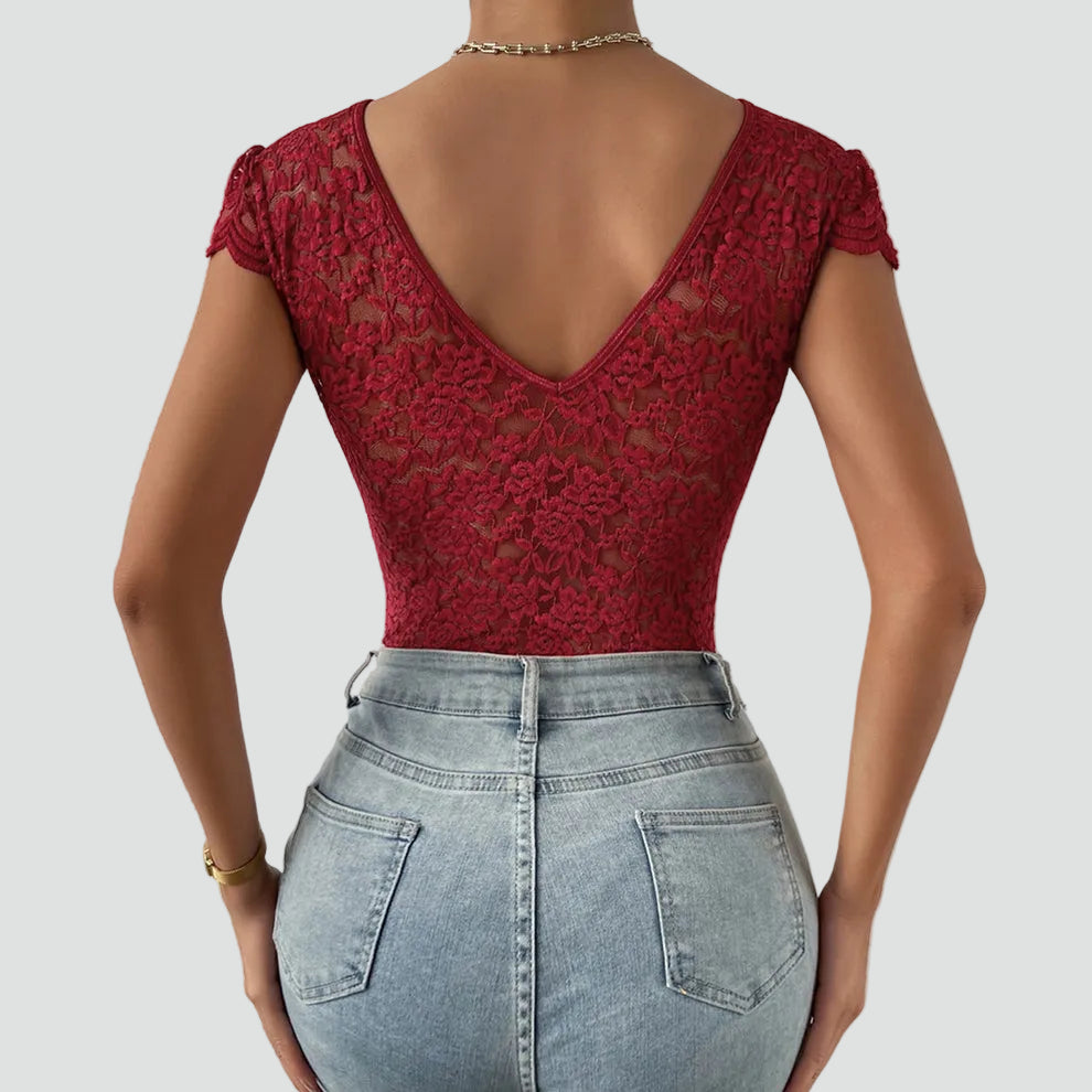 Lace bodysuit for women with V-neck and short sleeves