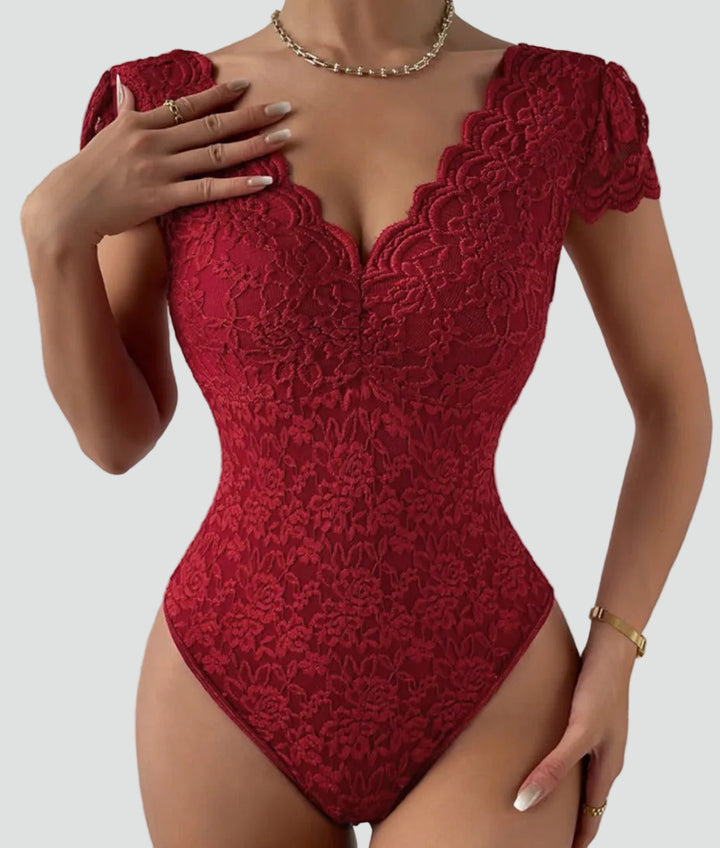 Lace bodysuit for women with V-neck and short sleeves