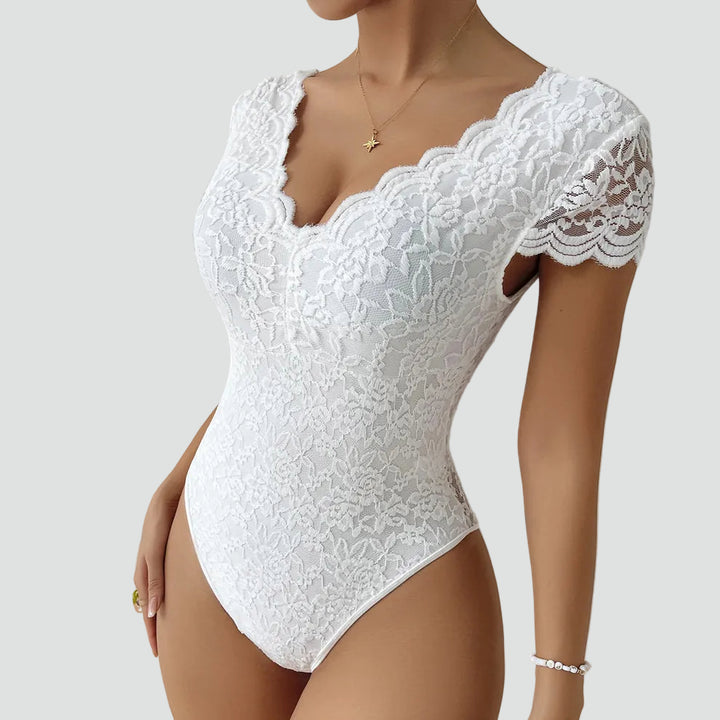 Lace bodysuit for women with V-neck and short sleeves