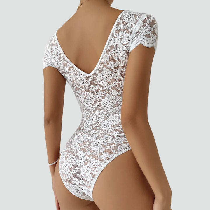 Lace bodysuit for women with V-neck and short sleeves