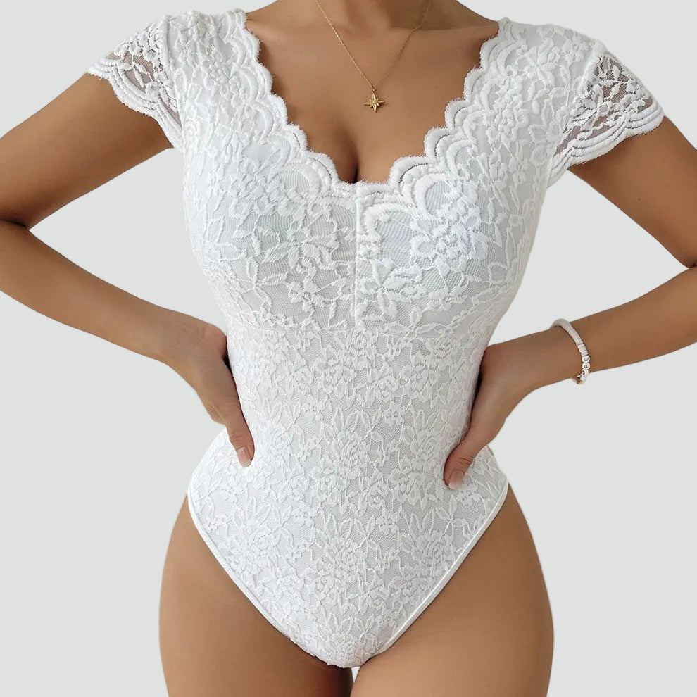 Lace bodysuit for women with V-neck and short sleeves