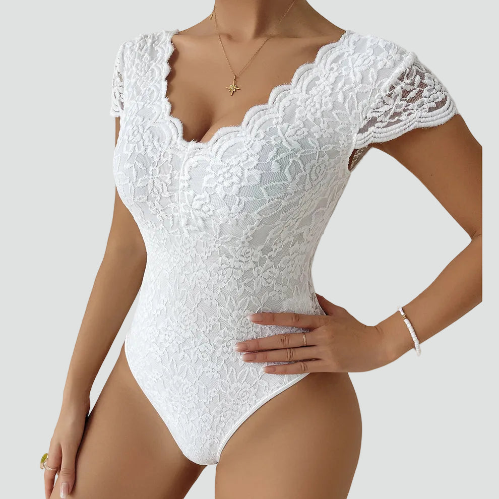 Lace bodysuit for women with V-neck and short sleeves