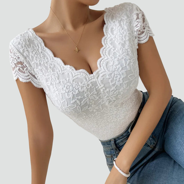Lace bodysuit for women with V-neck and short sleeves