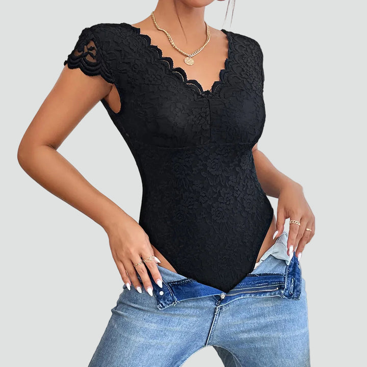 Lace bodysuit for women with V-neck and short sleeves