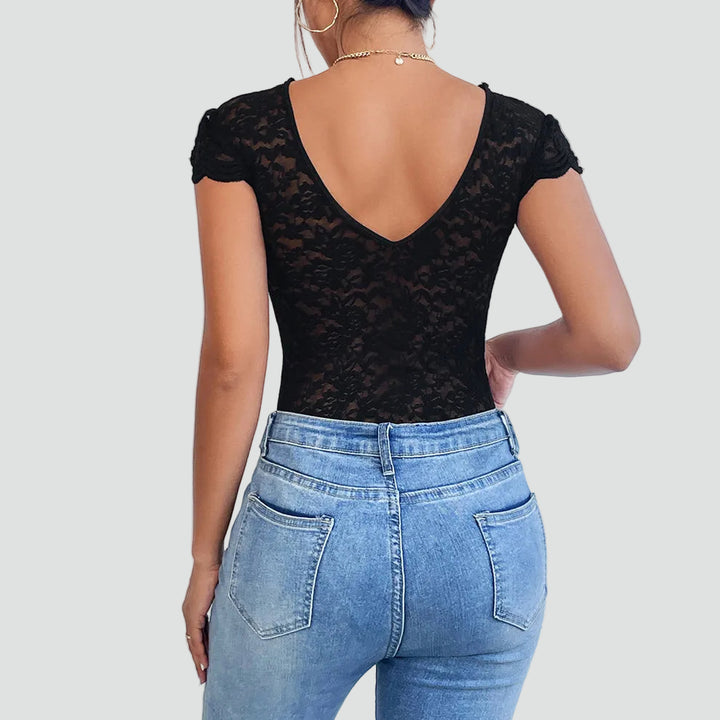 Lace bodysuit for women with V-neck and short sleeves
