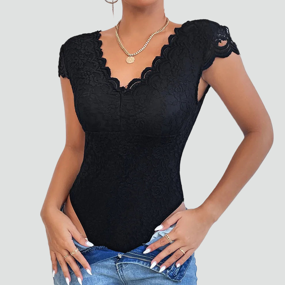 Lace bodysuit for women with V-neck and short sleeves