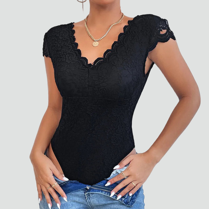 Lace bodysuit for women with V-neck and short sleeves