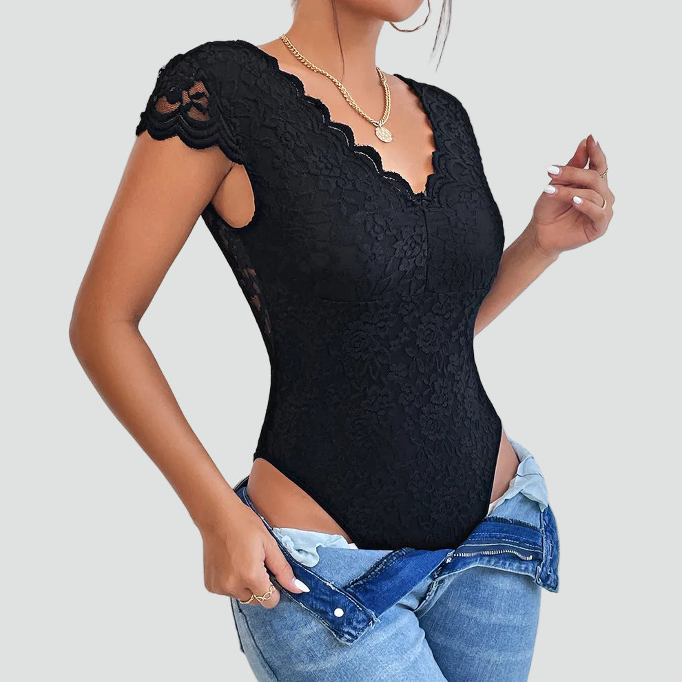Lace bodysuit for women with V-neck and short sleeves