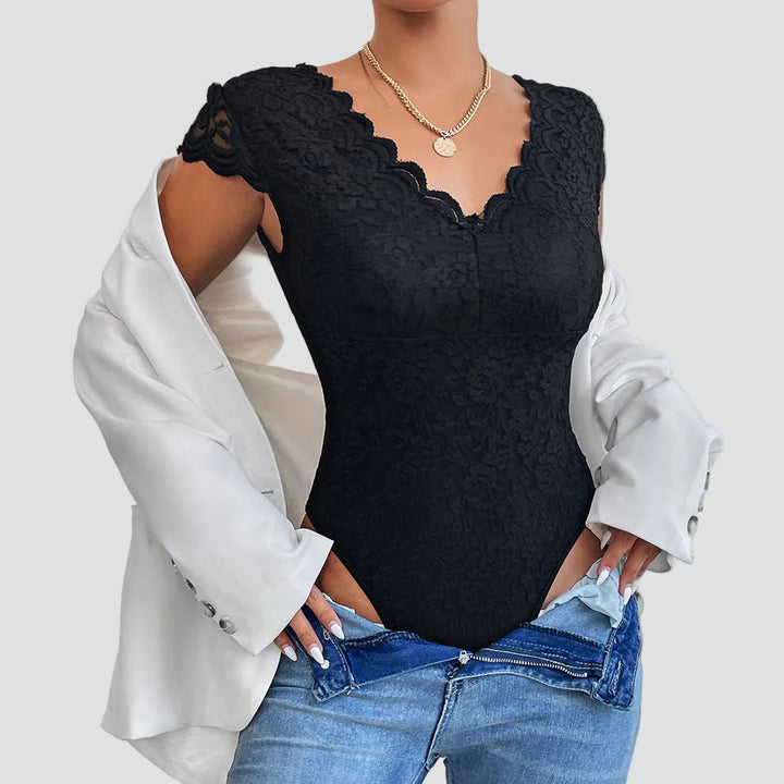 Lace bodysuit for women with V-neck and short sleeves