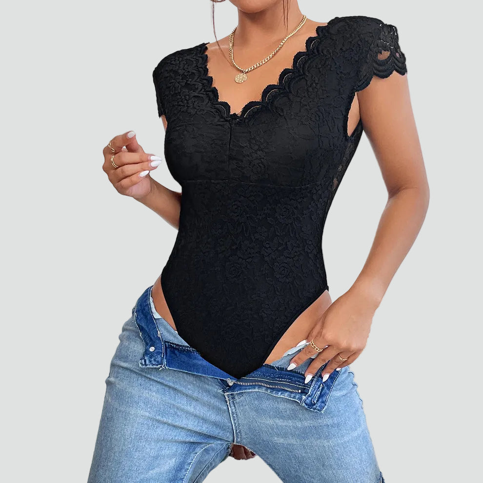 Lace bodysuit for women with V-neck and short sleeves
