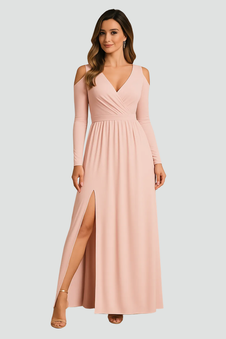 Elegancka koktajlowa sukienka damska maxi z rozcięciem