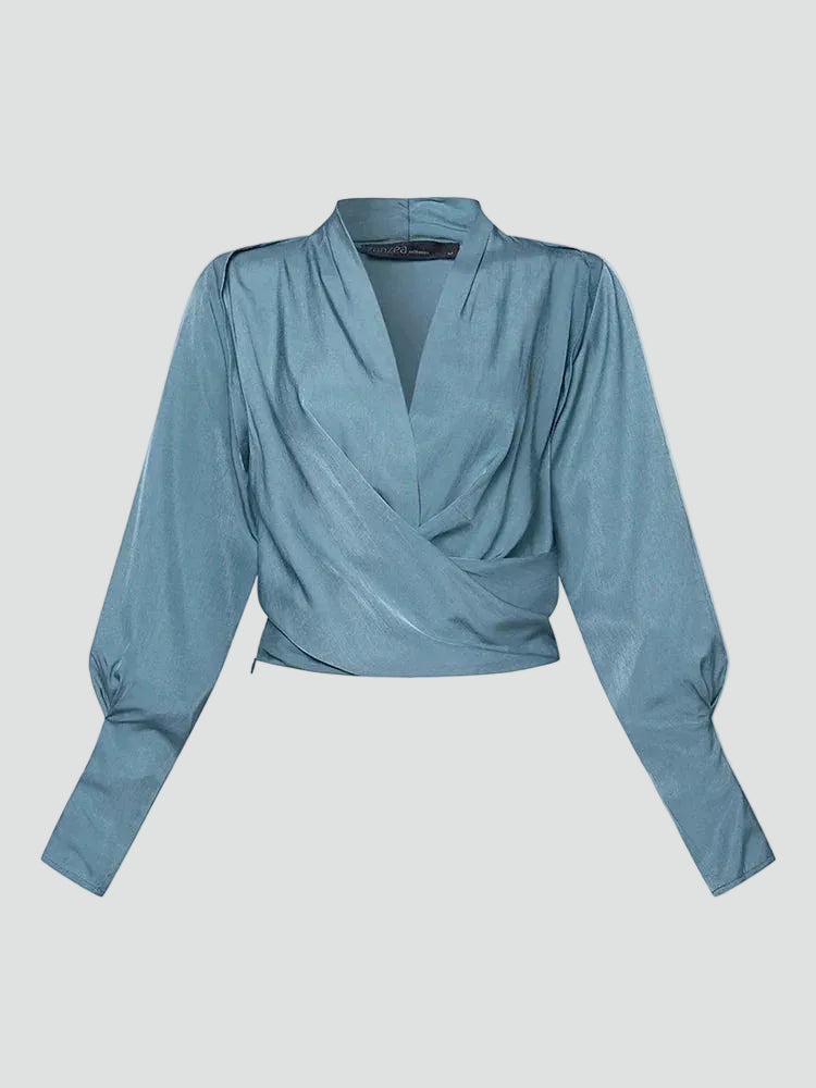 Elegant satin wrap blouse with V-neck and puff sleeves