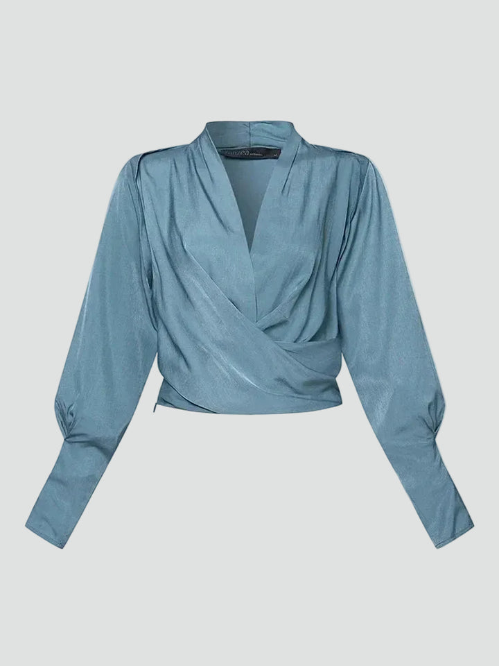 Elegant satin wrap blouse with V-neck and puff sleeves