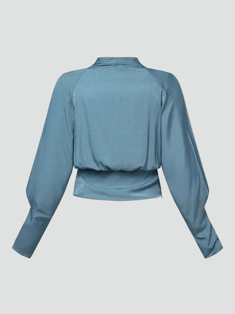 Elegant satin wrap blouse with V-neck and puff sleeves